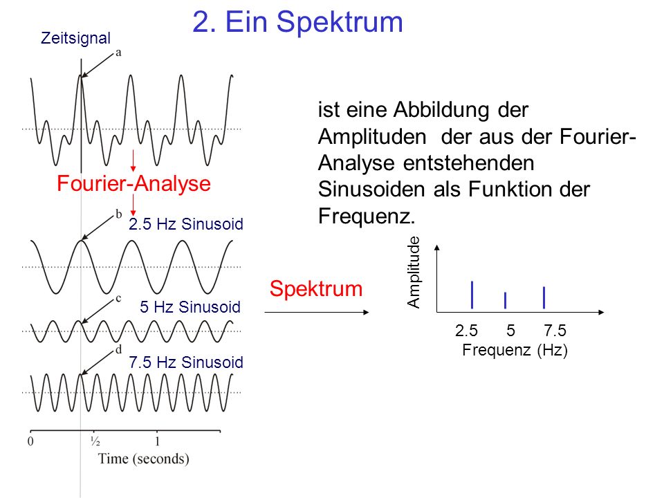 2. Ein Spektrum Zeitsignal. ist eine Abbildung der Amplituden der aus der Fourier-Analyse entstehenden Sinusoiden als Funktion der Frequenz.