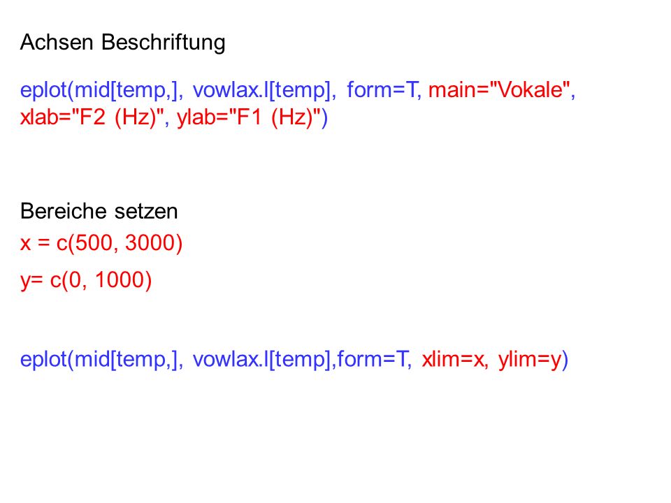 Achsen Beschriftung eplot(mid[temp,], vowlax.l[temp], form=T, main= Vokale , xlab= F2 (Hz) , ylab= F1 (Hz) )