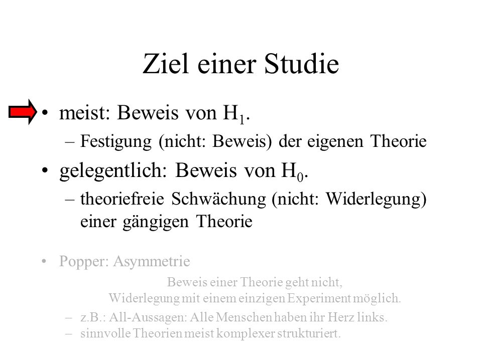 Ziel einer Studie meist: Beweis von H1. gelegentlich: Beweis von H0.