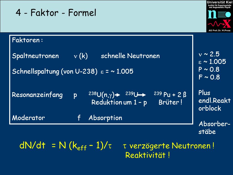 dN/dt = N (keff – 1)/  verzögerte Neutronen !