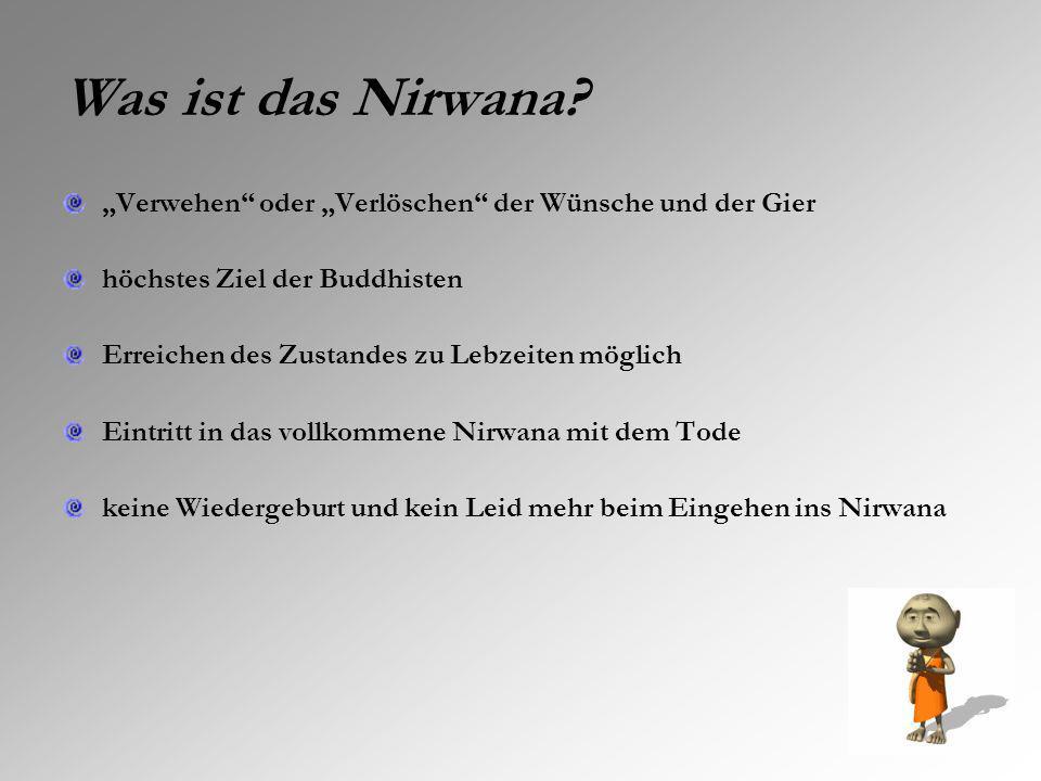 Was ist das Nirwana „Verwehen oder „Verlöschen der Wünsche und der Gier. höchstes Ziel der Buddhisten.