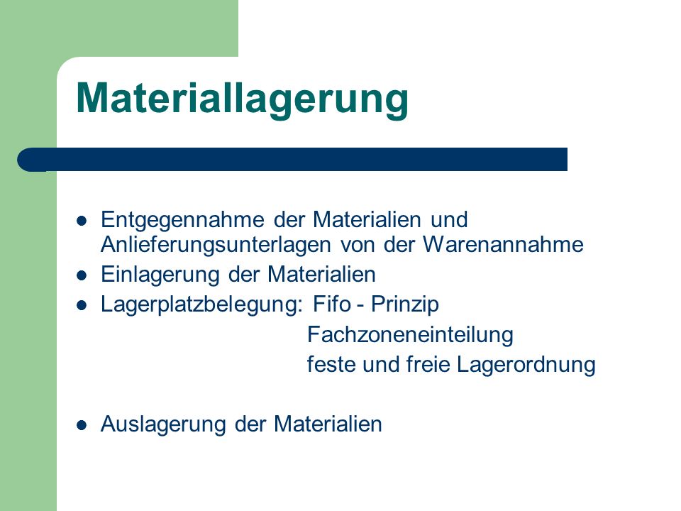 Materiallagerung Entgegennahme der Materialien und Anlieferungsunterlagen von der Warenannahme. Einlagerung der Materialien.