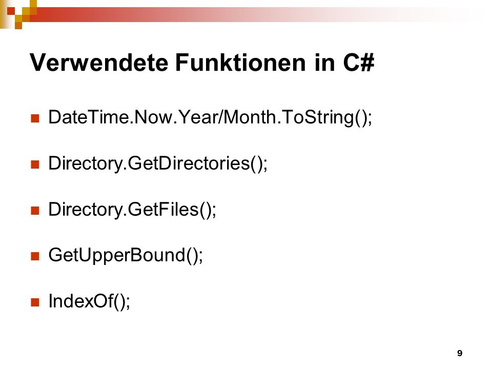 Verwendete Funktionen in C#