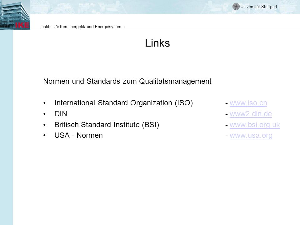 Links Normen und Standards zum Qualitätsmanagement