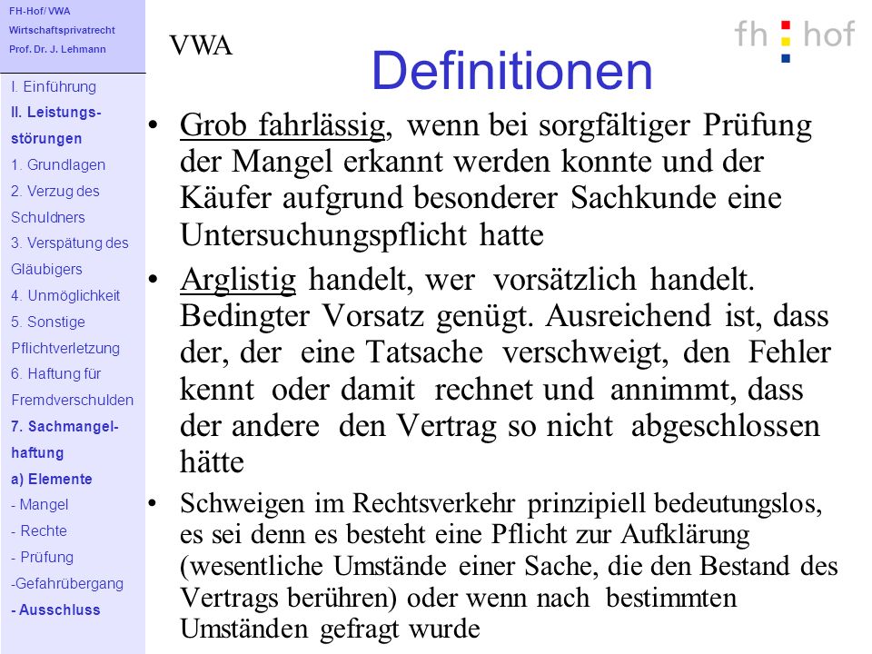 FH-Hof/ VWA Wirtschaftsprivatrecht. Prof. Dr. J. Lehmann. Definitionen. VWA. I. Einführung. II. Leistungs-