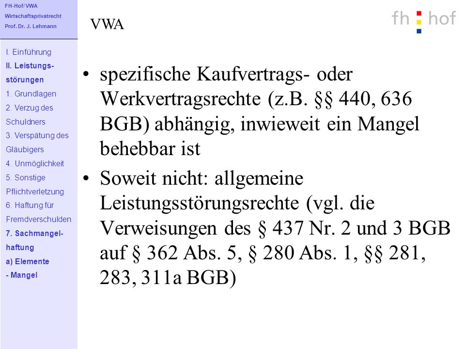 FH-Hof/ VWA Wirtschaftsprivatrecht. Prof. Dr. J. Lehmann. VWA. I. Einführung. II. Leistungs- störungen.