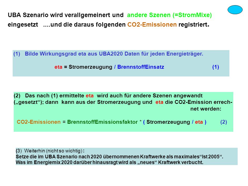 UBA Szenario wird verallgemeinert und andere Szenen (=StromMixe) eingesetzt ....und die daraus folgenden CO2-Emissionen registriert.