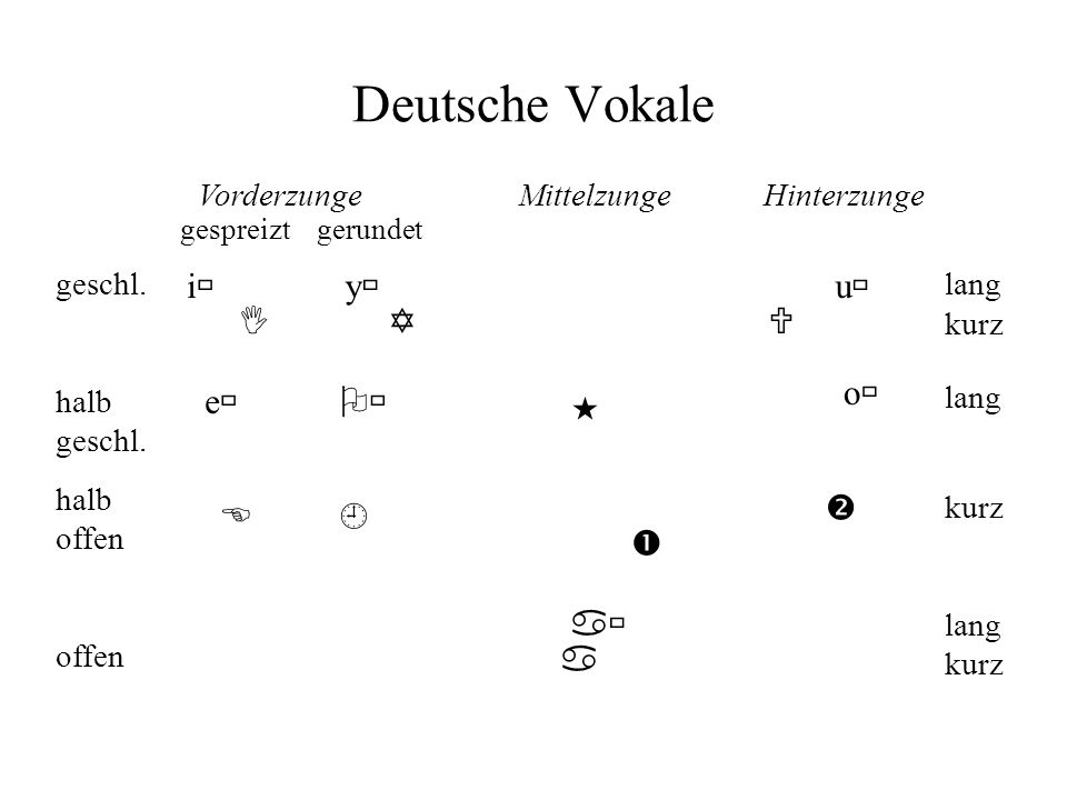 Deutsche Vokale i y u I Y U o e    E   a a