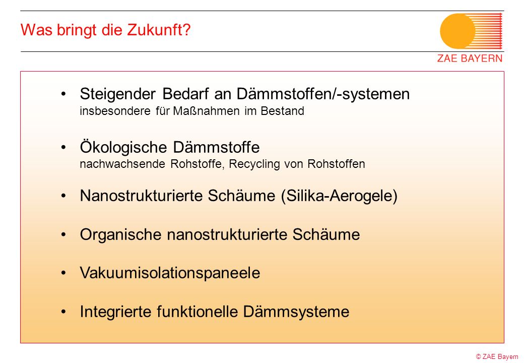 Was bringt die Zukunft Steigender Bedarf an Dämmstoffen/-systemen insbesondere für Maßnahmen im Bestand.
