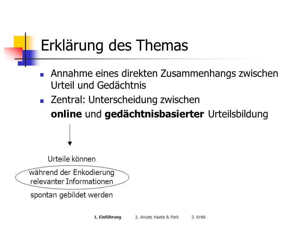 Erklärung des Themas Annahme eines direkten Zusammenhangs zwischen Urteil und Gedächtnis. Zentral: Unterscheidung zwischen.