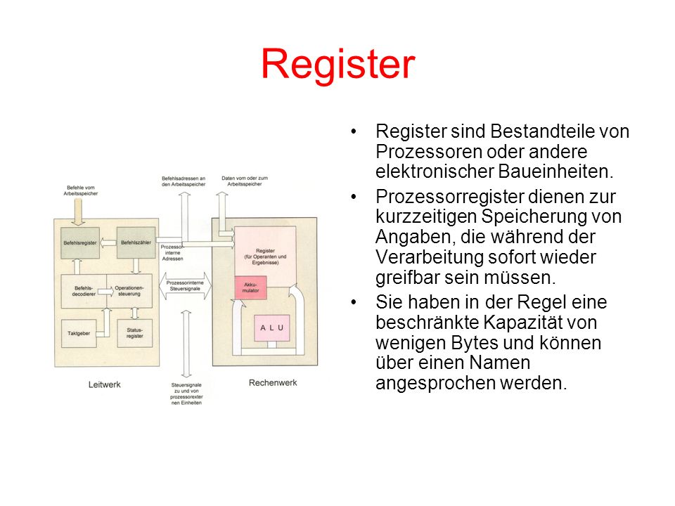 Register Register sind Bestandteile von Prozessoren oder andere elektronischer Baueinheiten.