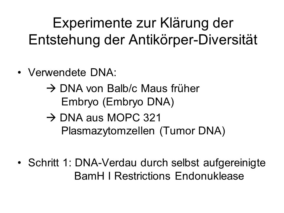 Experimente zur Klärung der Entstehung der Antikörper-Diversität