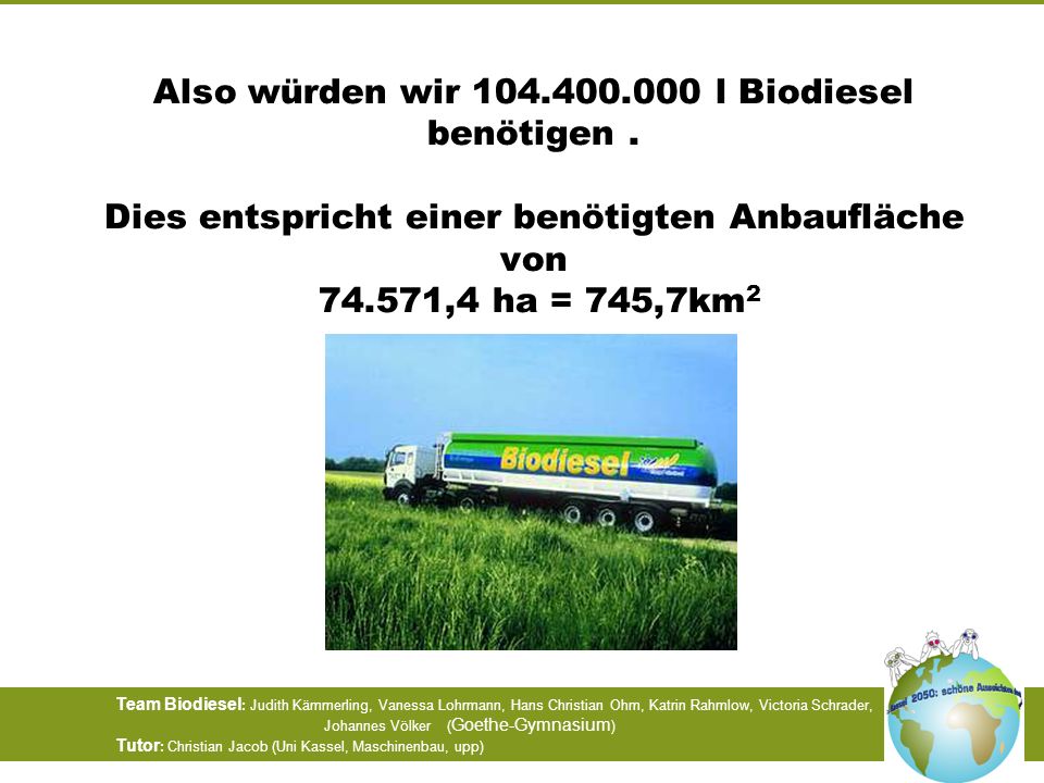 Also würden wir l Biodiesel benötigen