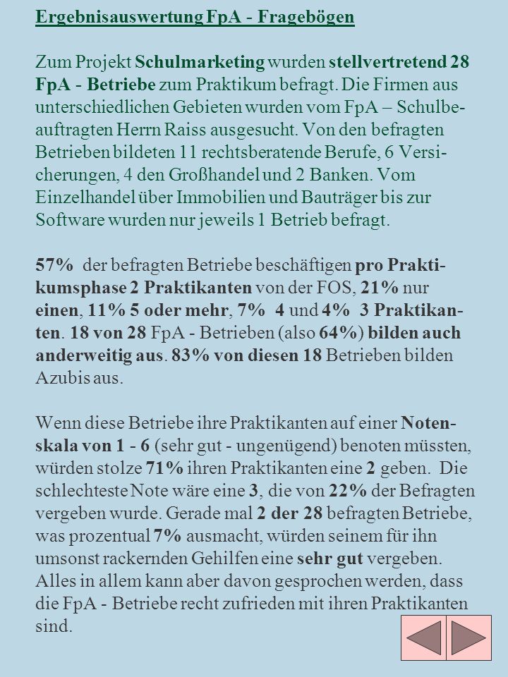 Ergebnisauswertung FpA - Fragebögen Zum Projekt Schulmarketing wurden stellvertretend 28 FpA - Betriebe zum Praktikum befragt.