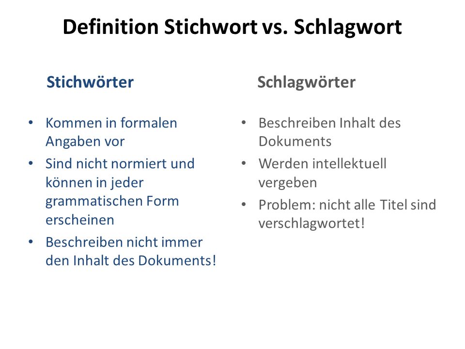 Definition Stichwort vs. Schlagwort