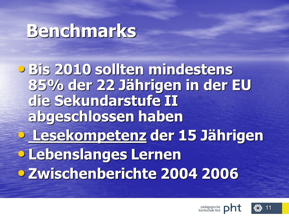 Benchmarks Bis 2010 sollten mindestens 85% der 22 Jährigen in der EU die Sekundarstufe II abgeschlossen haben.