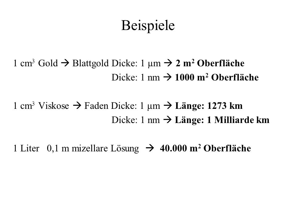 Beispiele 1 cm3 Gold  Blattgold Dicke: 1 µm  2 m2 Oberfläche