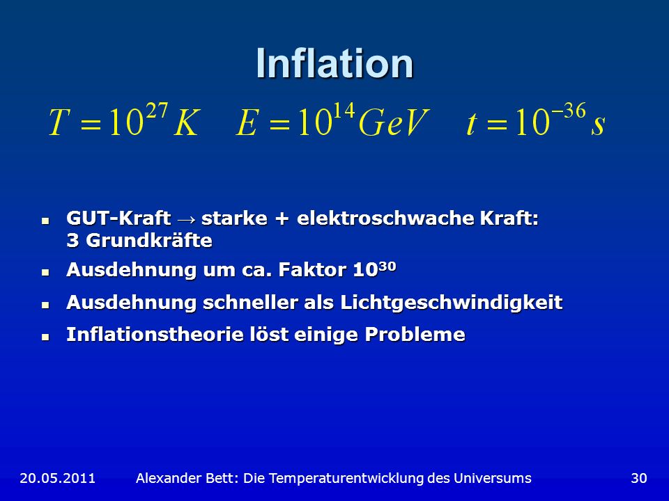 Inflation GUT-Kraft → starke + elektroschwache Kraft: 3 Grundkräfte