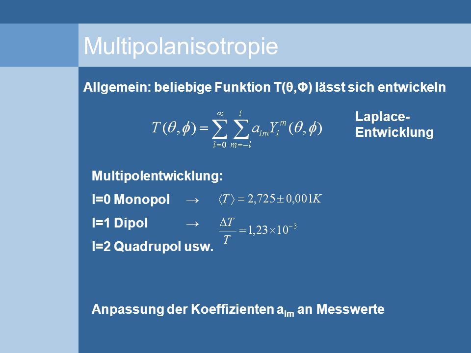 Multipolanisotropie Allgemein: beliebige Funktion T(θ,Φ) lässt sich entwickeln. Laplace-Entwicklung.