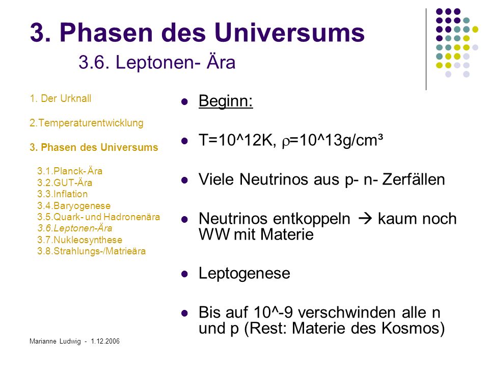 3. Phasen des Universums 3.6. Leptonen- Ära
