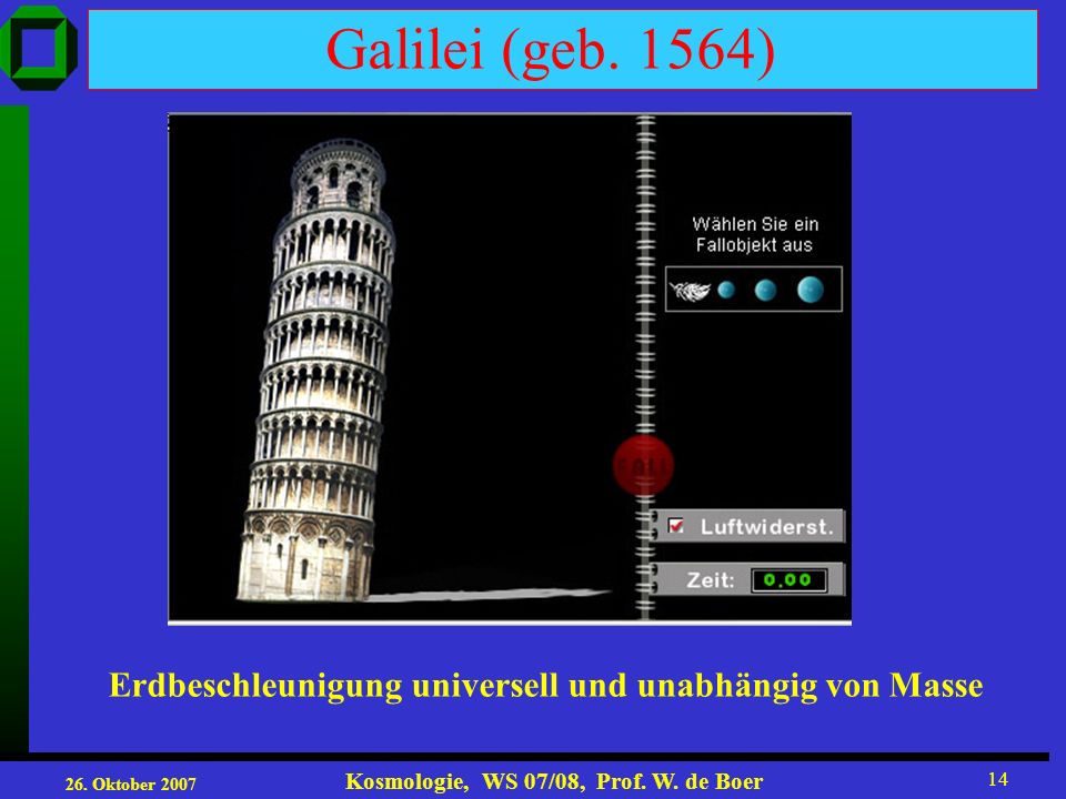 Galilei (geb. 1564) Erdbeschleunigung universell und unabhängig von Masse