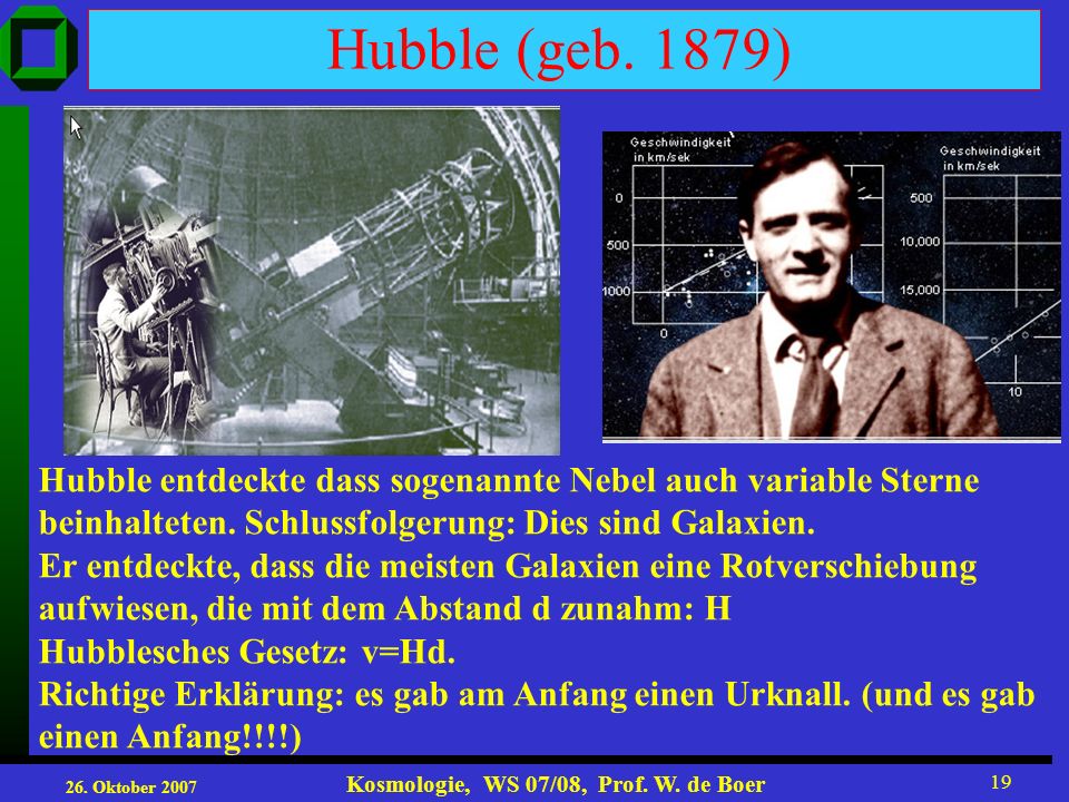 Hubble (geb. 1879) Hubble entdeckte dass sogenannte Nebel auch variable Sterne. beinhalteten. Schlussfolgerung: Dies sind Galaxien.