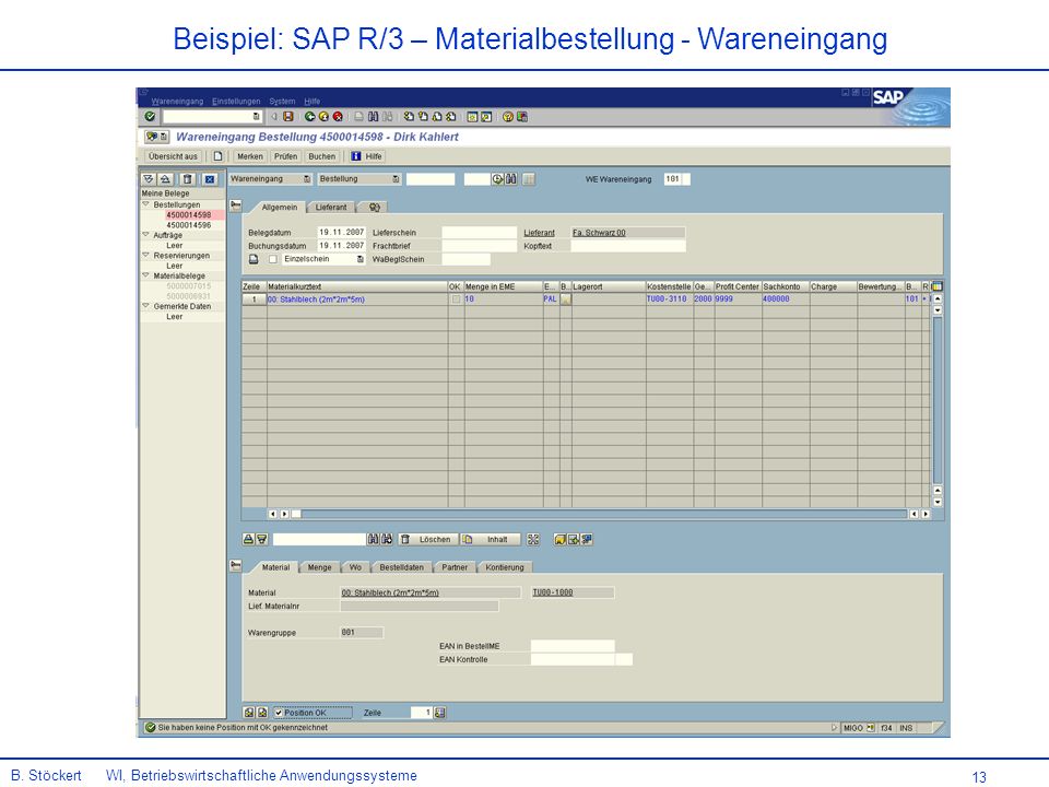Beispiel: SAP R/3 – Materialbestellung - Wareneingang