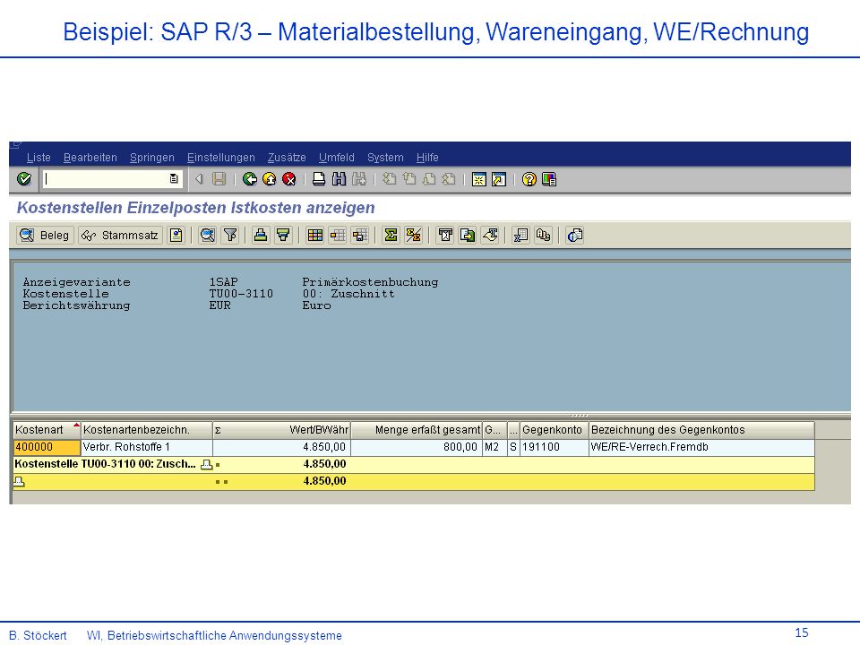 Beispiel: SAP R/3 – Materialbestellung, Wareneingang, WE/Rechnung