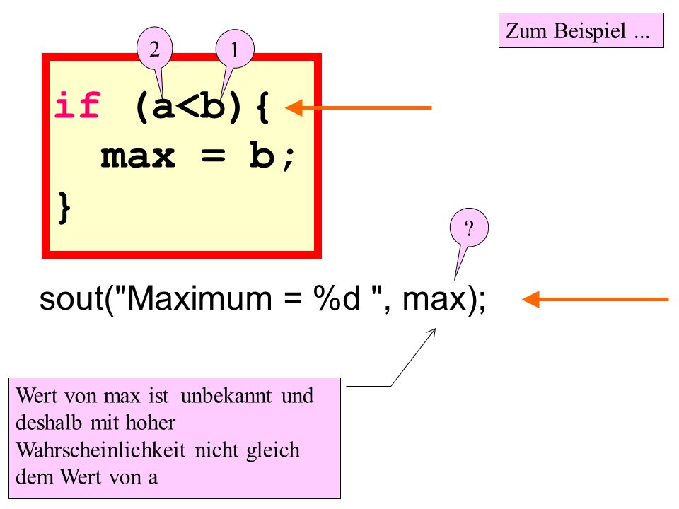 if (a<b){ max = b; } sout( Maximum = %d , max); Zum Beispiel ... 2
