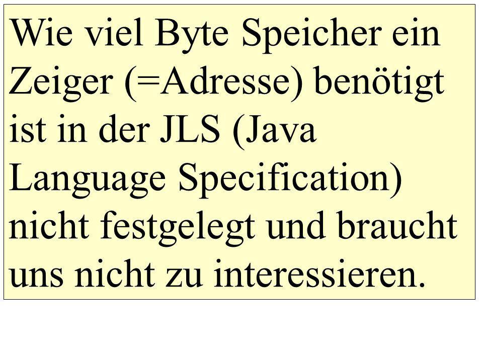 Wie viel Byte Speicher ein Zeiger (=Adresse) benötigt ist in der JLS (Java Language Specification) nicht festgelegt und braucht uns nicht zu interessieren.