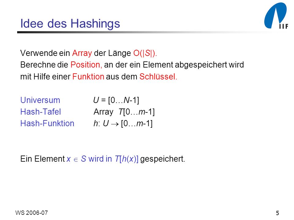 Idee des Hashings Verwende ein Array der Länge O(|S|).