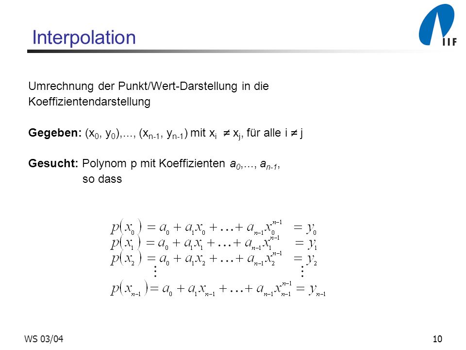 Interpolation Umrechnung der Punkt/Wert-Darstellung in die