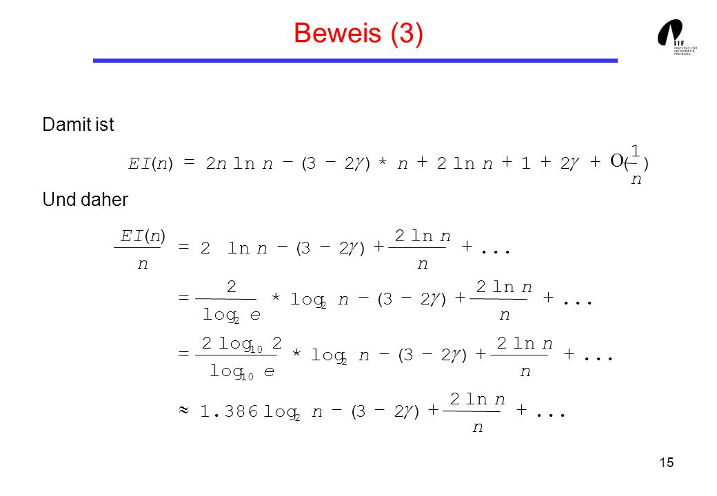 Beweis (3) 1 EI ( n ) = 2 n ln n - ( g ) * n + 2 ln n g