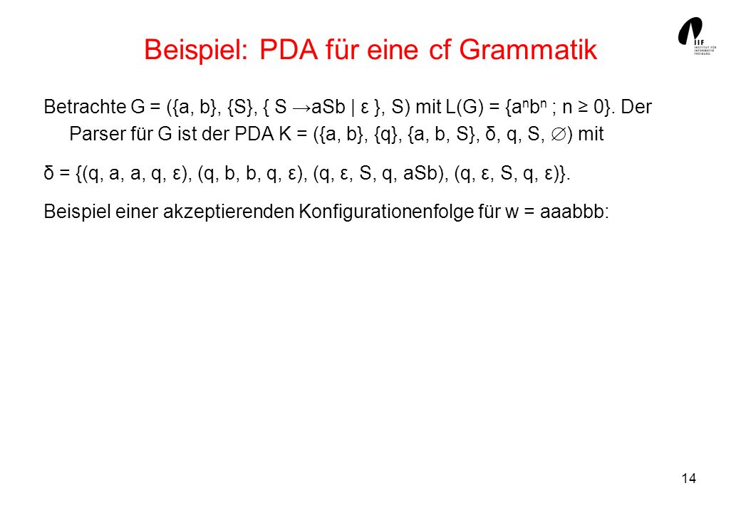 Beispiel: PDA für eine cf Grammatik