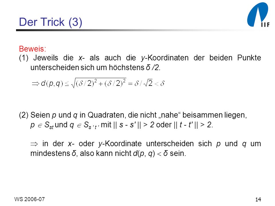 Der Trick (3) Beweis: (1) Jeweils die x- als auch die y-Koordinaten der beiden Punkte unterscheiden sich um höchstens δ /2.