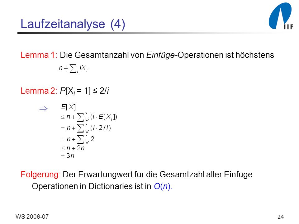 Laufzeitanalyse (4) Lemma 1: Die Gesamtanzahl von Einfüge-Operationen ist höchstens. Lemma 2: P[Xi = 1] ≤ 2/i.