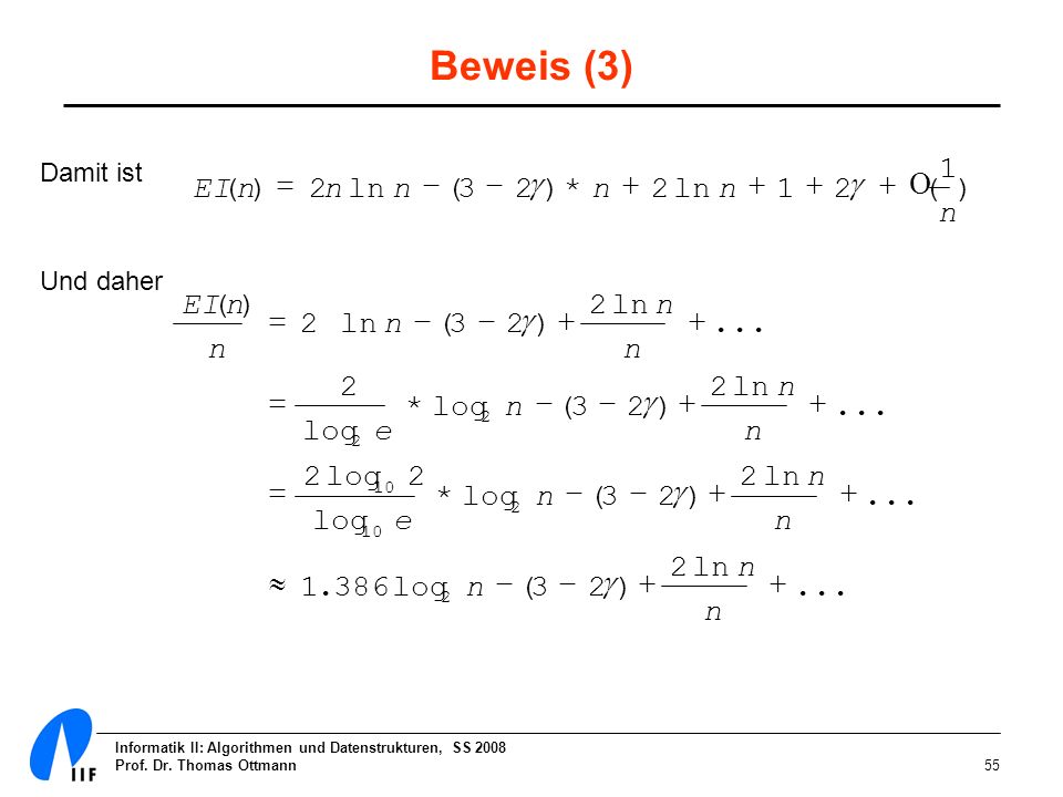 Beweis (3) 1 EI ( n ) = 2 n ln n - ( g ) * n + 2 ln n g