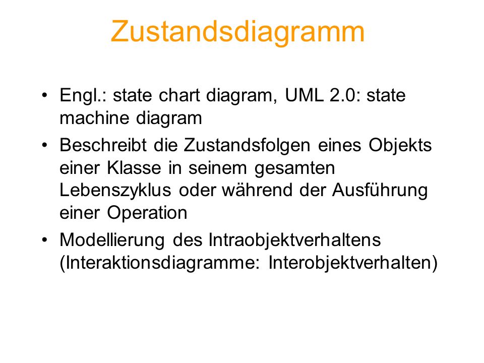 Zustandsdiagramm Engl.: state chart diagram, UML 2.0: state machine diagram.