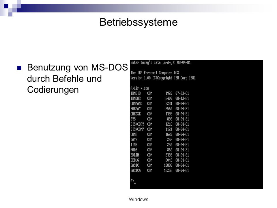 Betriebssysteme Benutzung von MS-DOS durch Befehle und Codierungen
