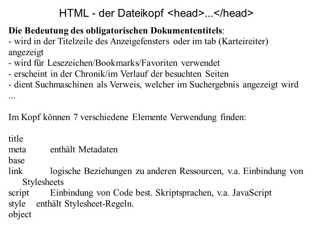 HTML - der Dateikopf <head>...</head>