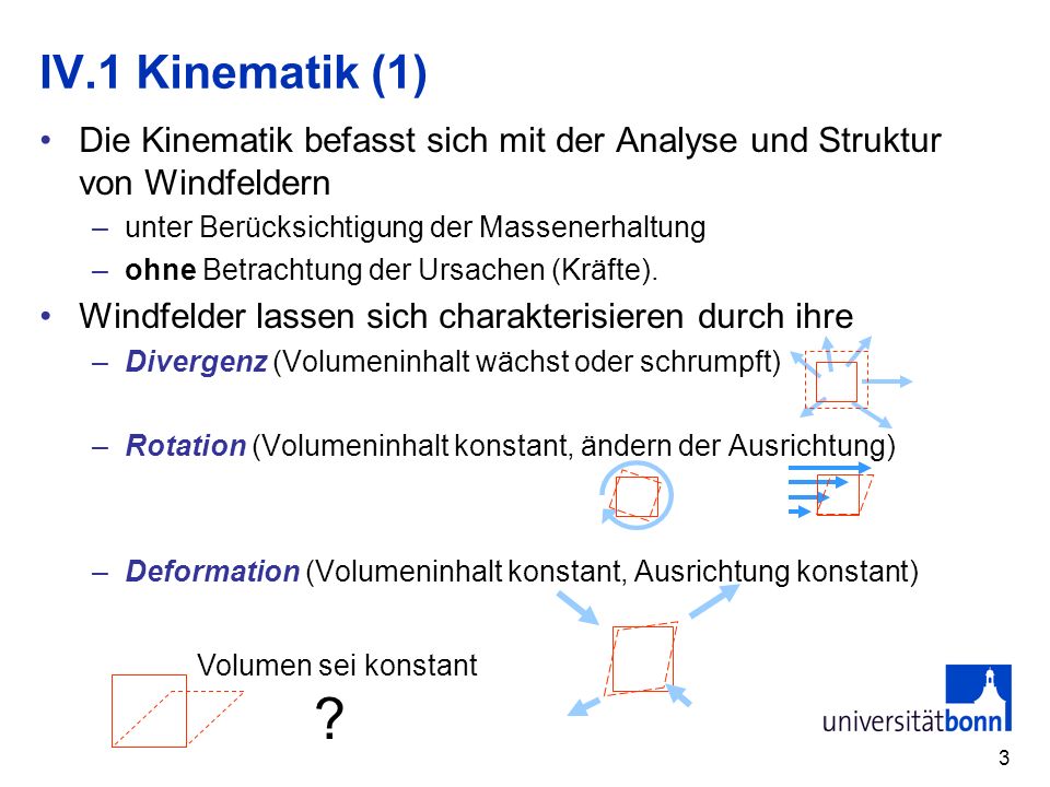 IV.1 Kinematik (1) Die Kinematik befasst sich mit der Analyse und Struktur von Windfeldern. unter Berücksichtigung der Massenerhaltung.