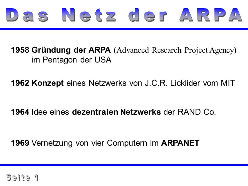 Das Netz der ARPA 1958 Gründung der ARPA (Advanced Research Project Agency) im Pentagon der USA.