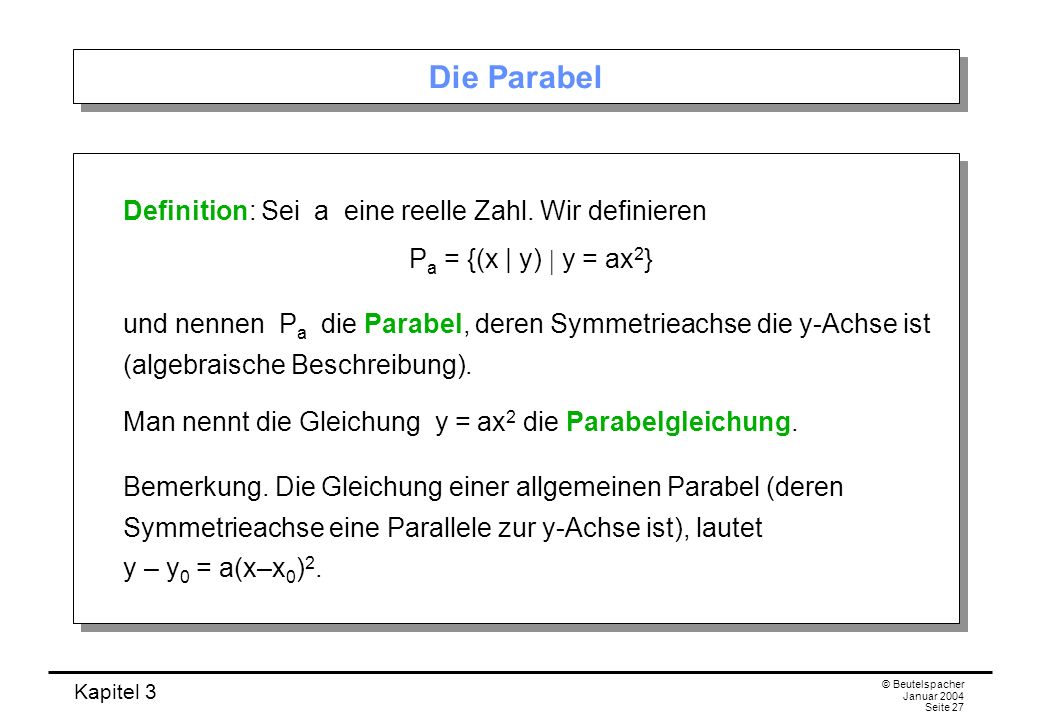Die Parabel Definition: Sei a eine reelle Zahl. Wir definieren