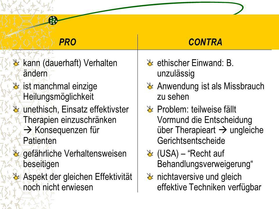 PRO CONTRA kann (dauerhaft) Verhalten ändern. ist manchmal einzige Heilungsmöglichkeit.