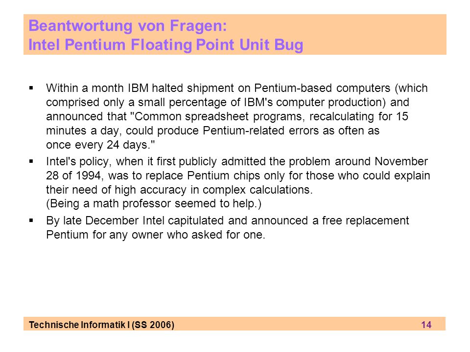 Beantwortung von Fragen: Intel Pentium Floating Point Unit Bug