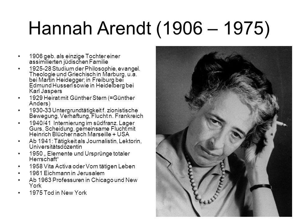 Hannah Arendt (1906 – 1975) 1906 geb. als einzige Tochter einer assimilierten jüdischen Familie.
