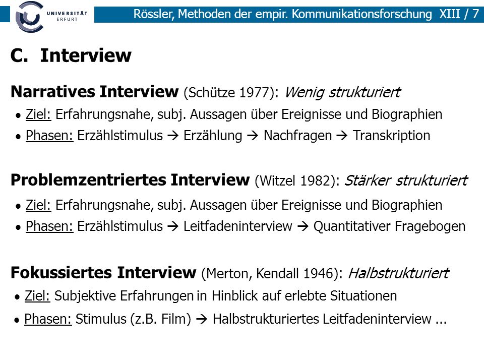 C. Interview Narratives Interview (Schütze 1977): Wenig strukturiert