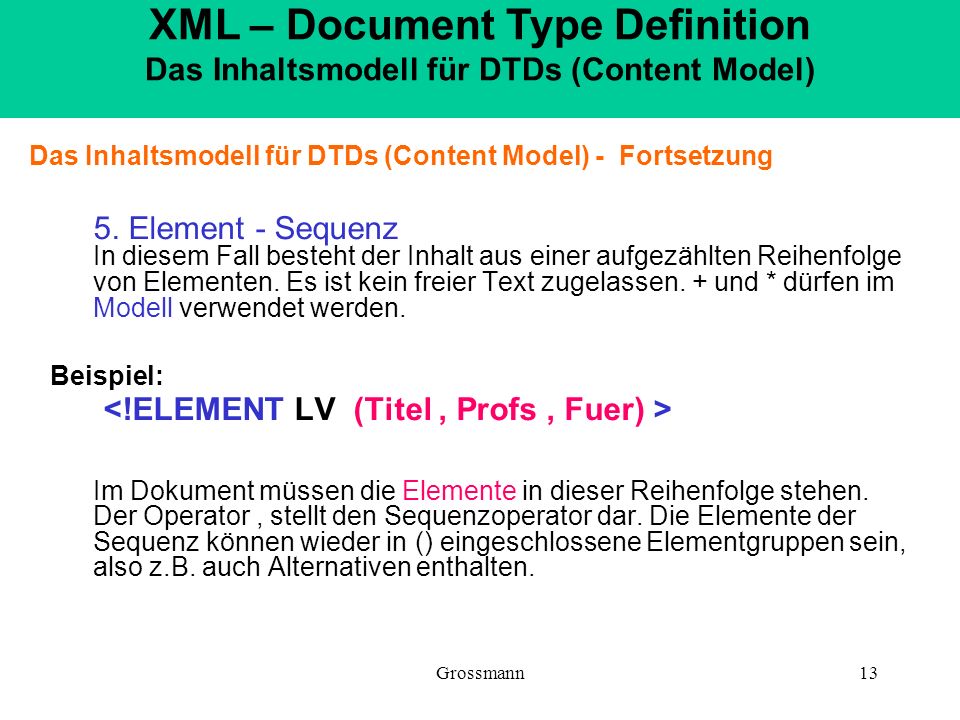 XML – Document Type Definition Das Inhaltsmodell für DTDs (Content Model)