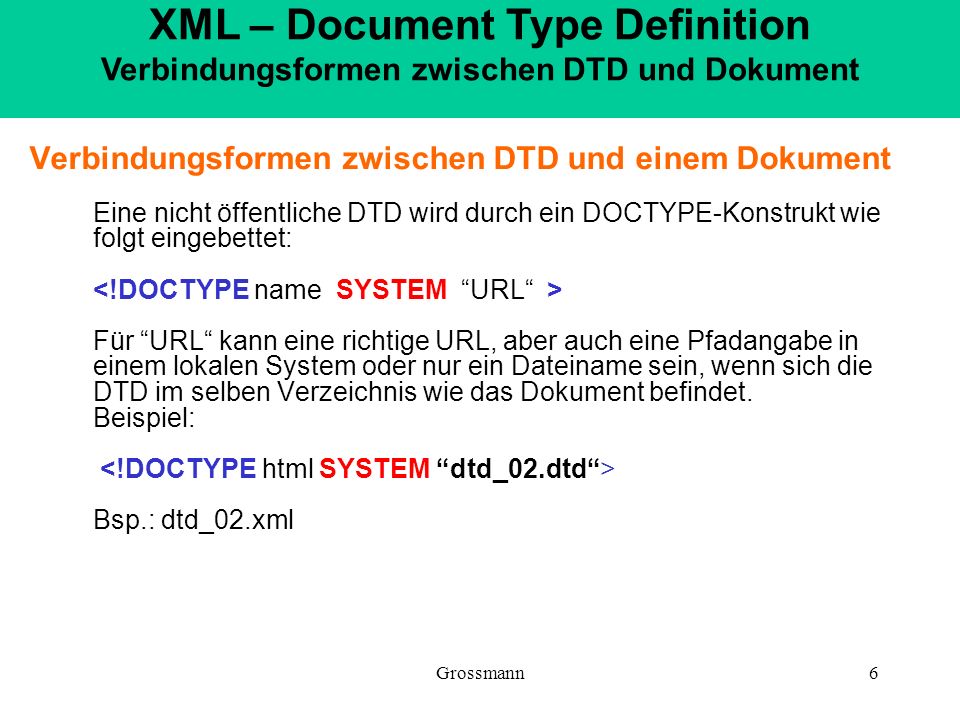 XML – Document Type Definition Verbindungsformen zwischen DTD und Dokument