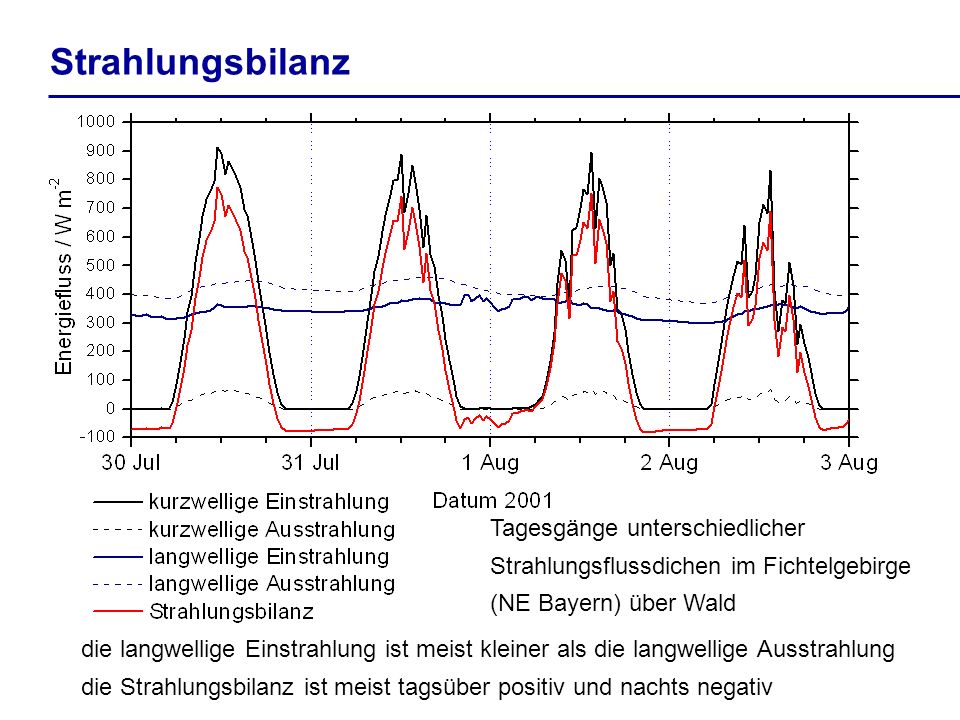 Strahlungsbilanz Tagesgänge unterschiedlicher Strahlungsflussdichen im Fichtelgebirge (NE Bayern) über Wald.